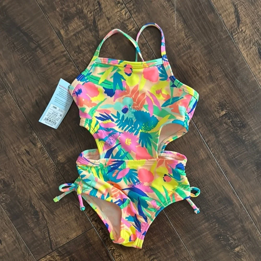 Cat & Jack Yellow and Pink One Piece Swimsuit with Tropical Print